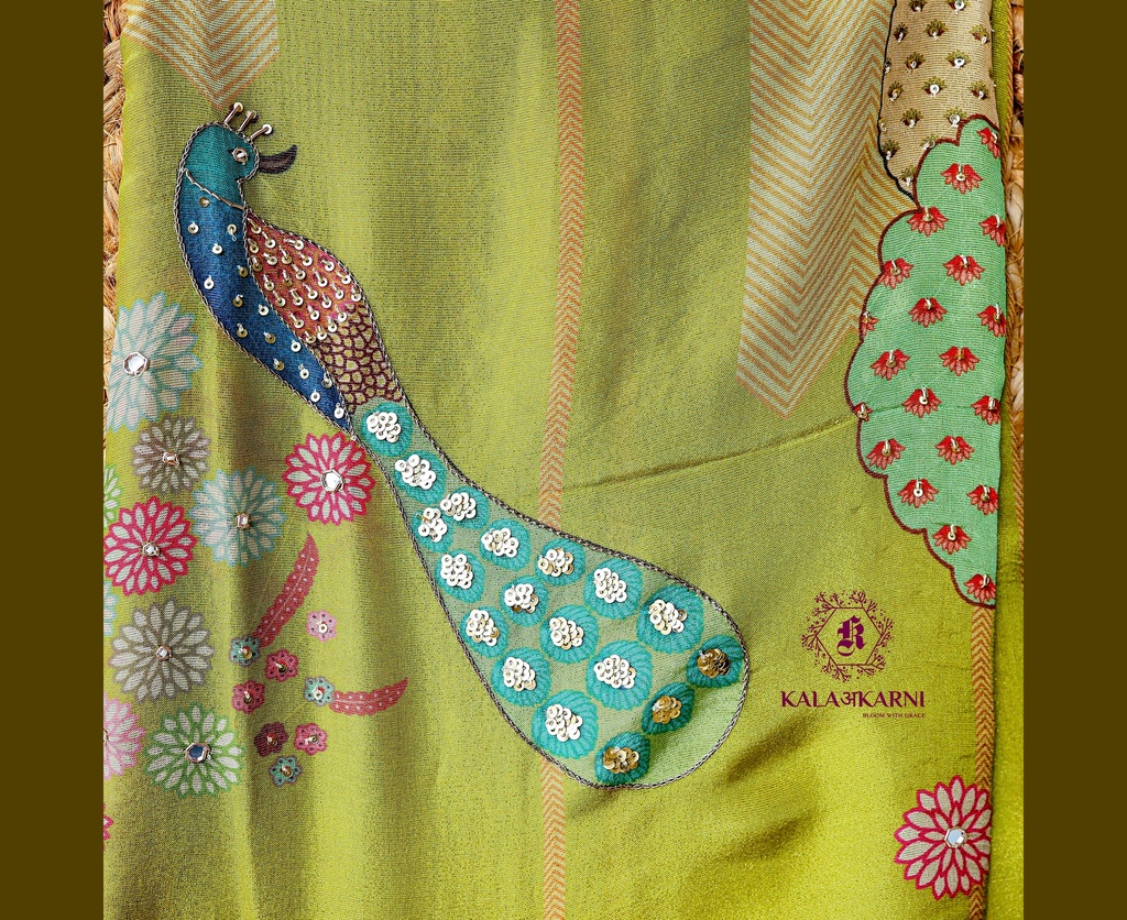 Peacock Hand Embroidery | Silk | Dress Material | Parrot Green