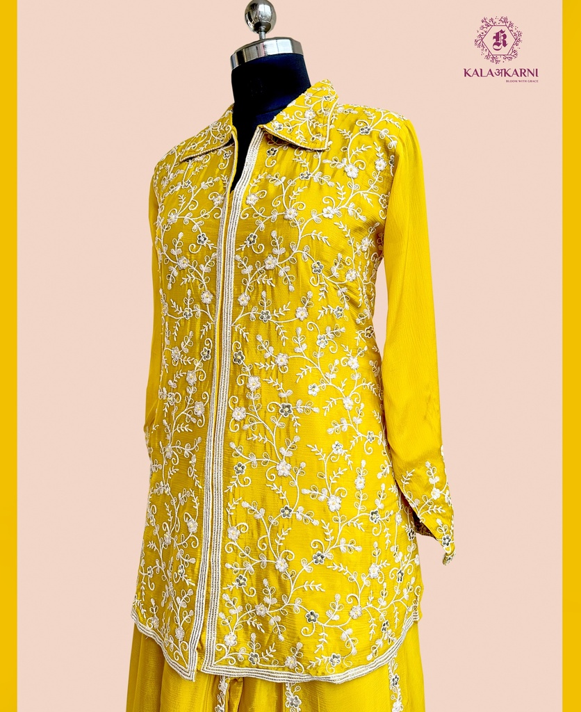 Chinnon Silk | Golden Embroidered | Co-ord Set with Embroidery Palazzo | Mustard
