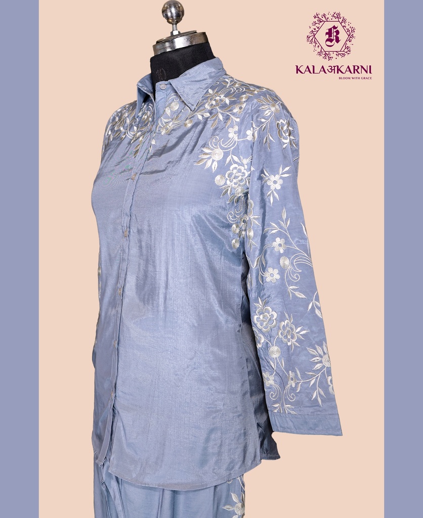 Muslin Silk | Thread Embroidery | Co-ord Set with Pants | Blue