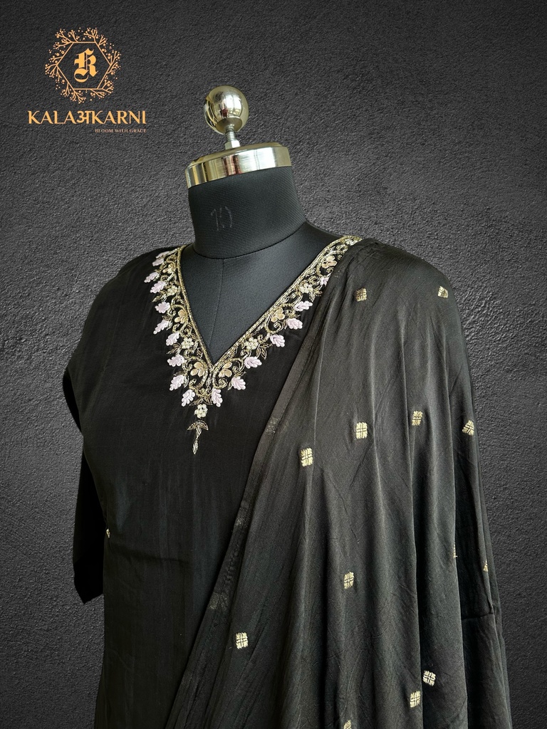 Hand Embroidery | Roman Silk | Suit set with Pants | Navy Blue
