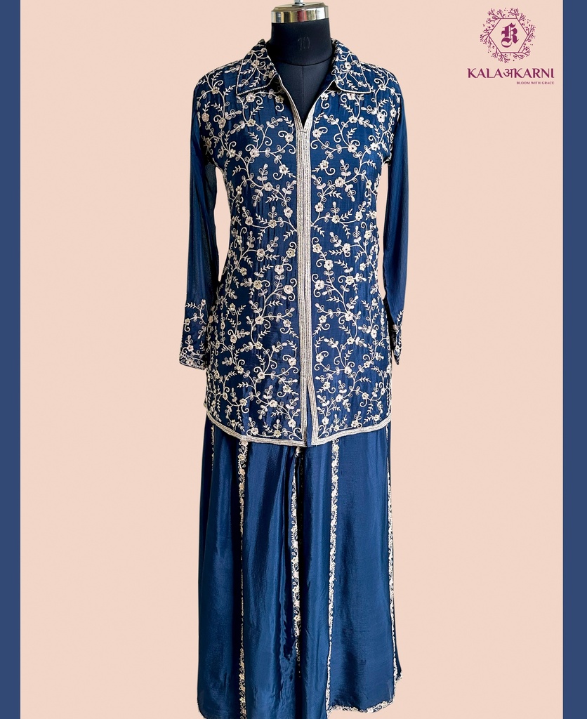 Chinnon Silk | Embroidered | Co-ord Set with Palazzo | Navy Blue