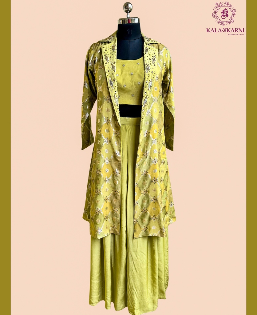 Hand Embroidered | Chinnon Silk | Jacket | Indowestern | Olive Green