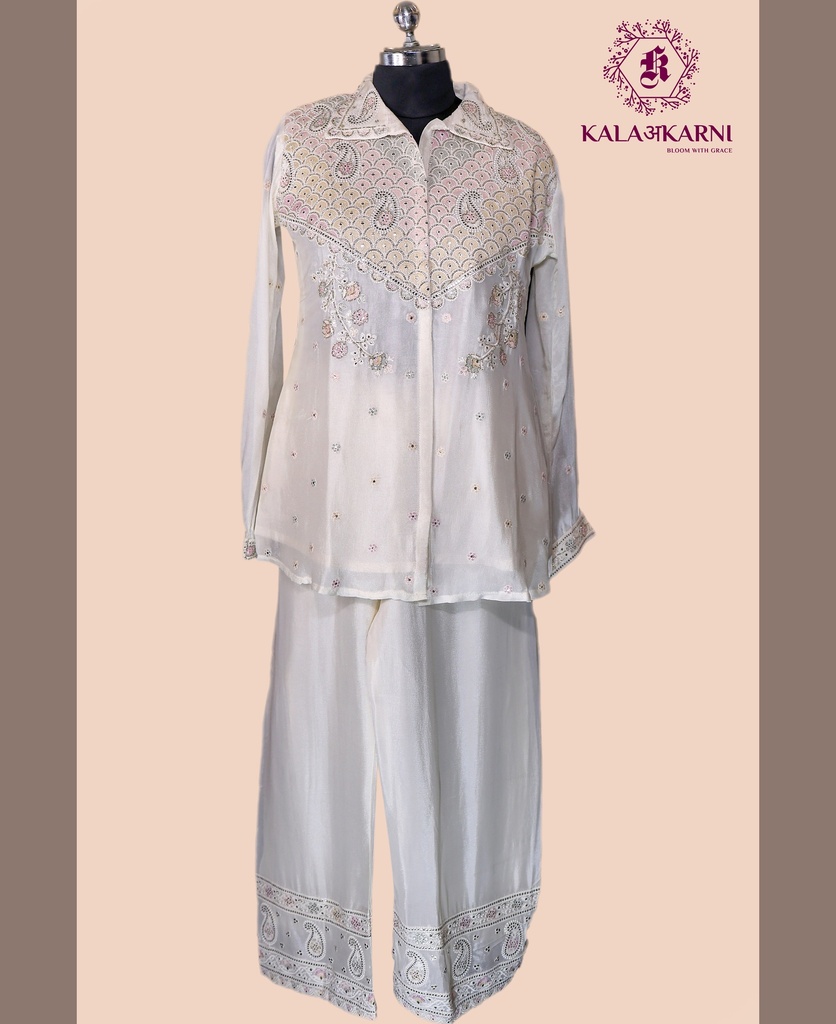 Chinnon Silk | Front & Back Embroidered | Co-ord Set with Palazzo Pants | Ivory
