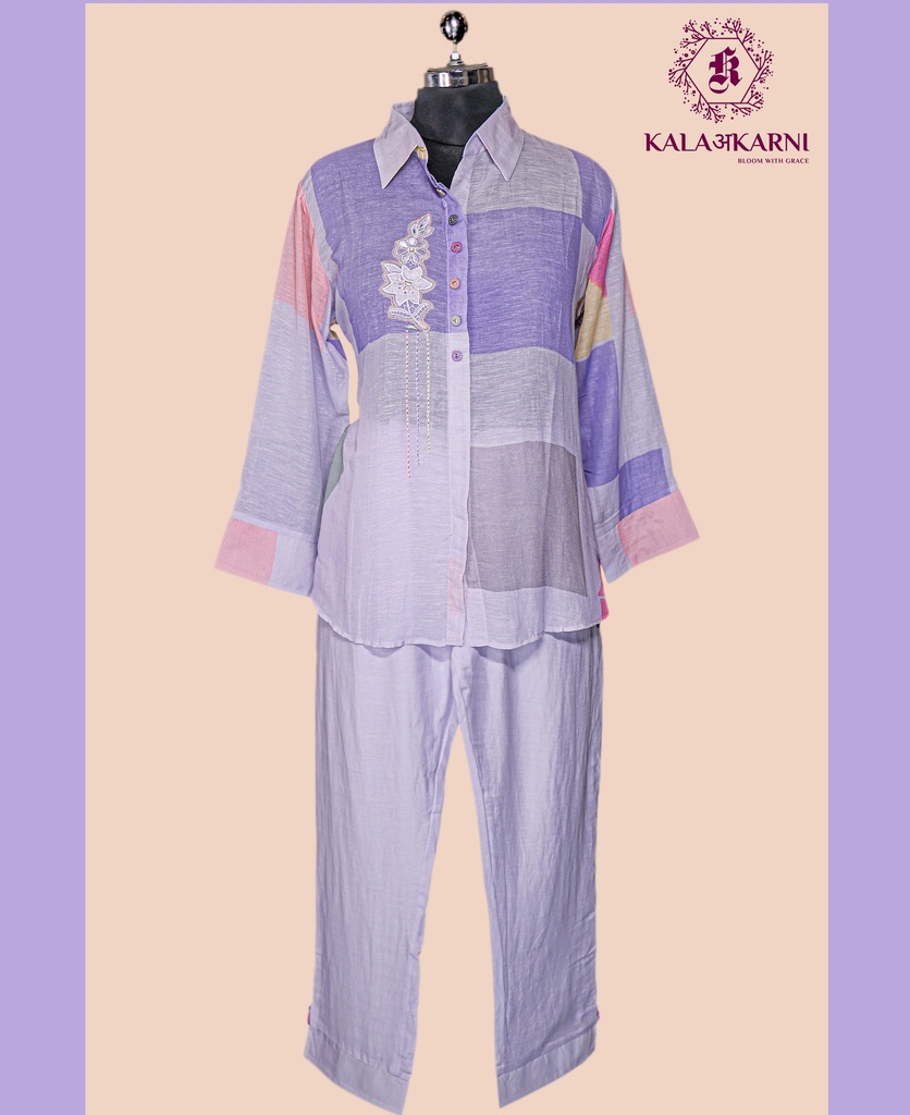 Linen | Thread Work | Co-ord Set with Pants | Purple - Pink