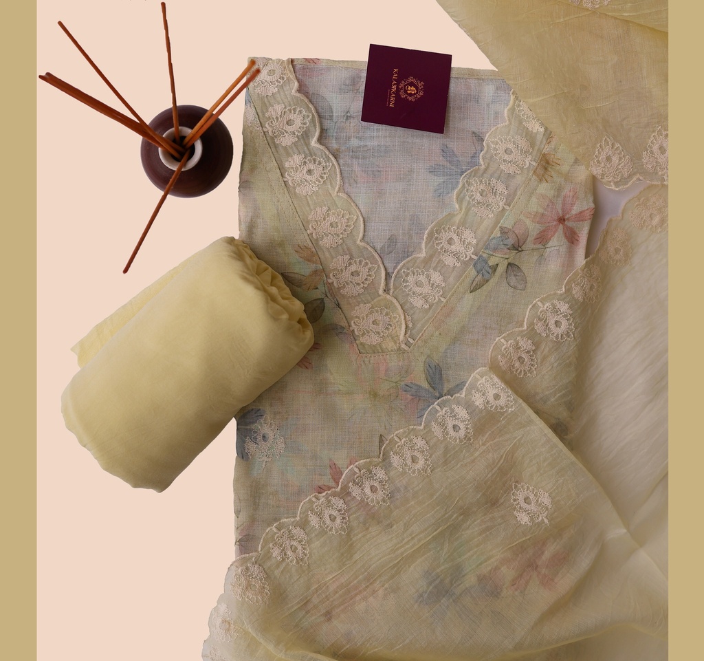 [NRK7165LY] Thread Embroidery | Linen | Dress Material | Light Yellow