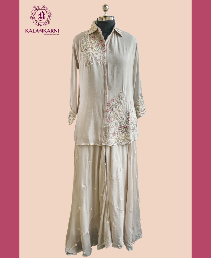 Chinnon Silk | Embroidered | Co-ord Set with Palazzo | Grey
