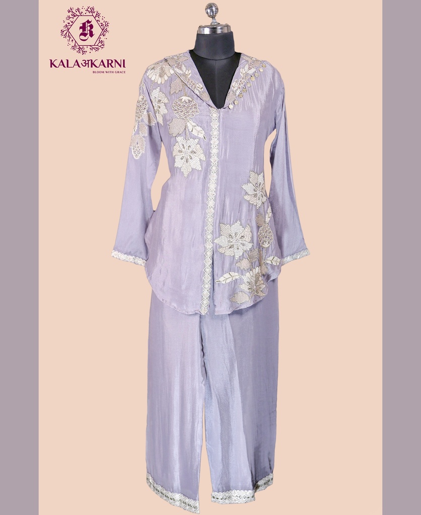 Chinnon Silk | Embroidered V-Neck | Co-ord Set with Palazzo Pants | Lavender