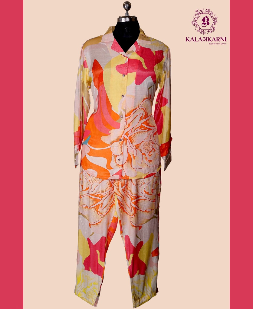Muslin Silk | Collar Pattern | Co-ord Set with Pants | Multicolor