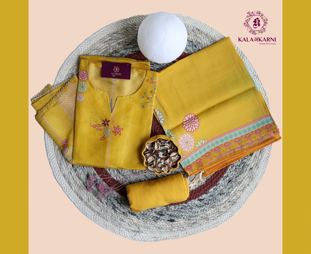 [NRK7267Y] Peacock Hand Embroidery | Silk | Dress Material | Golden Yellow