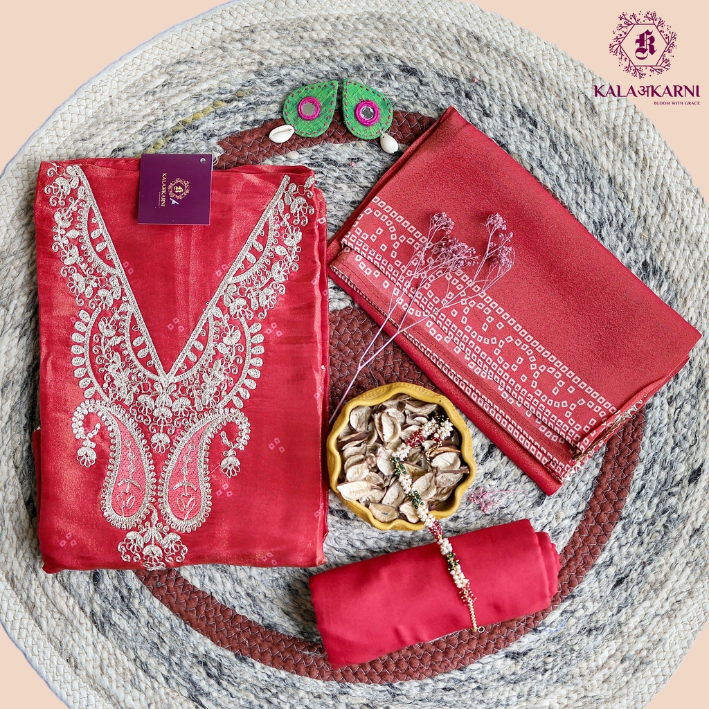 [SRK7272R] Bandhani Pattern-Zari Embroidery | Tasar Silk | Red